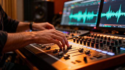 Producer using studio equipment to create beats.