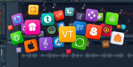 Colorful VST plugins above an audio workstation interface.