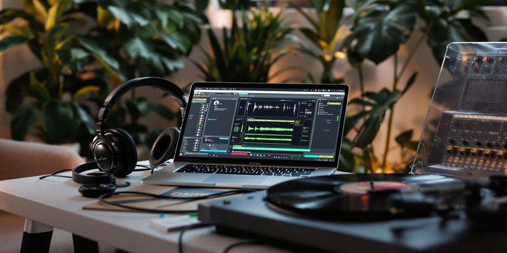 Cozy music production setup with laptop and headphones.