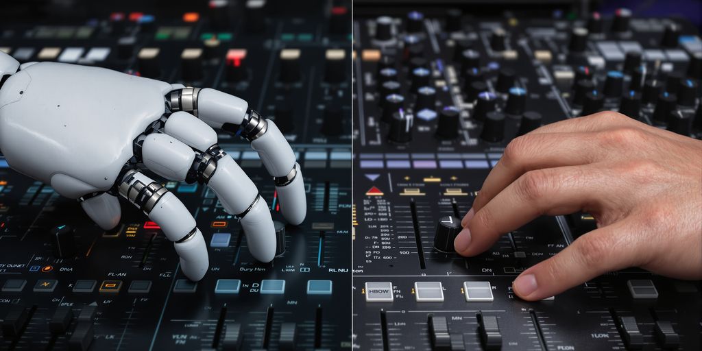 AI and human hands interacting with audio equipment.