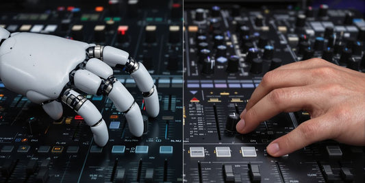 AI and human hands interacting with audio equipment.