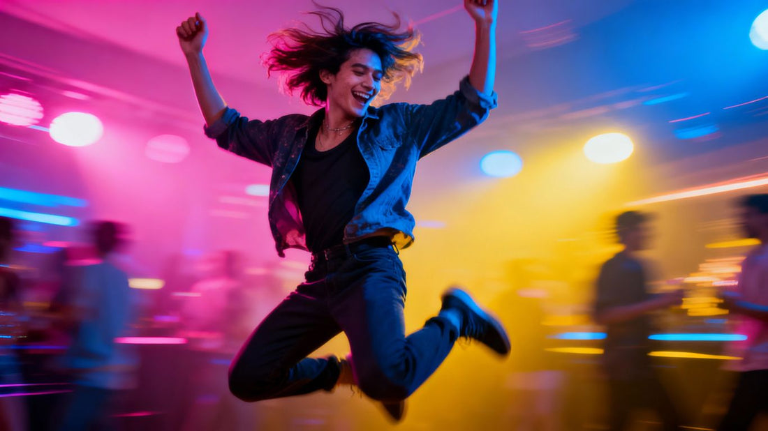Person dancing energetically with blurred vibrant lights.