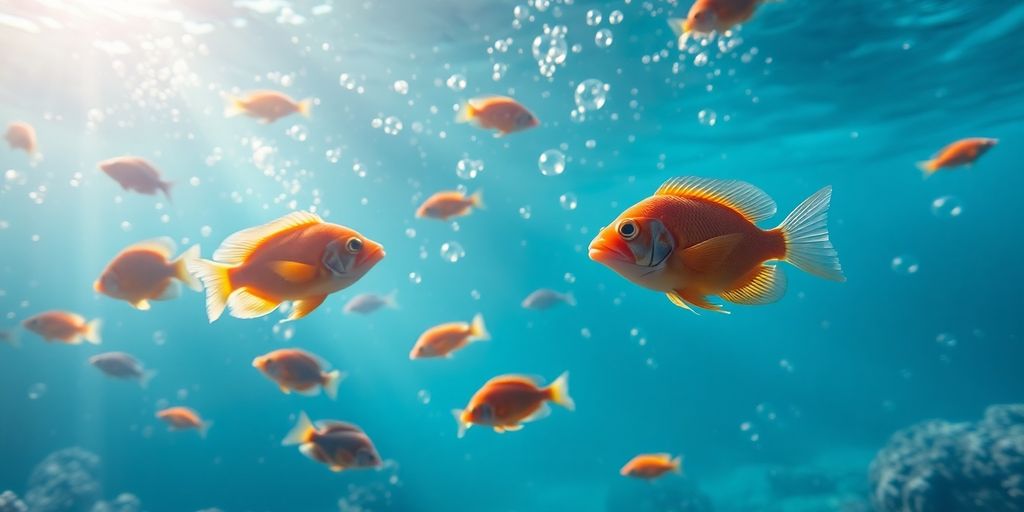 Colorful underwater scene with fish and bubbles.