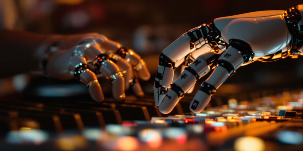 Human and robot hands making music together.