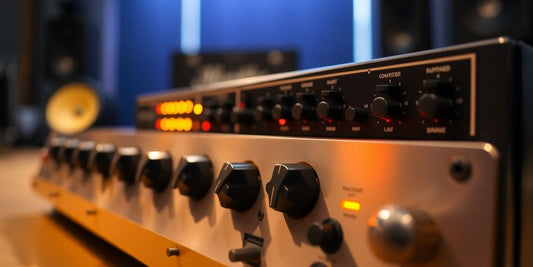 Close-up of an audio compressor in a studio setting.