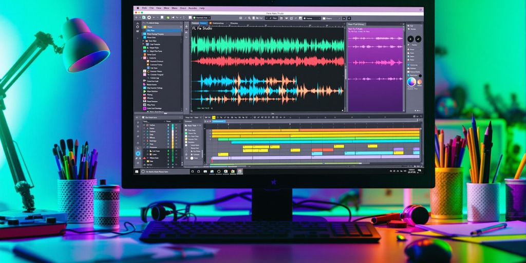 FL Studio interface with colorful sound waveforms and tools.