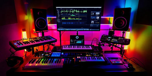 A colorful music production studio with various equipment.