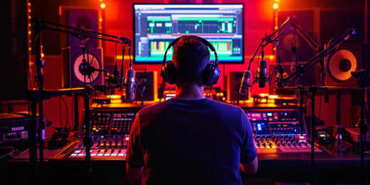 Sound mixer with microphones in a music studio.