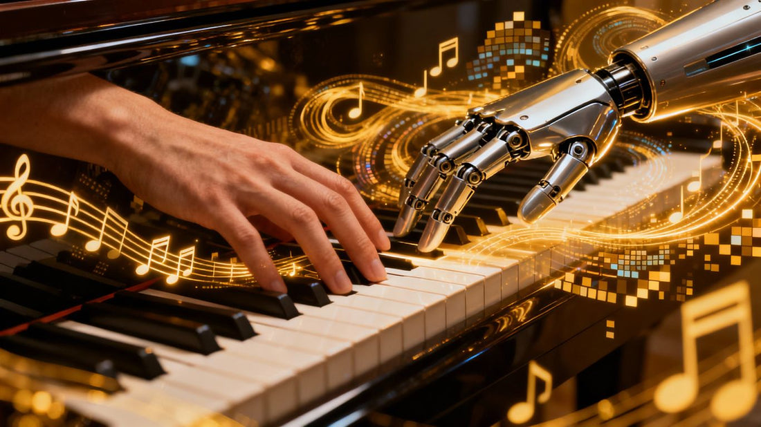 AI and human hands playing piano together.