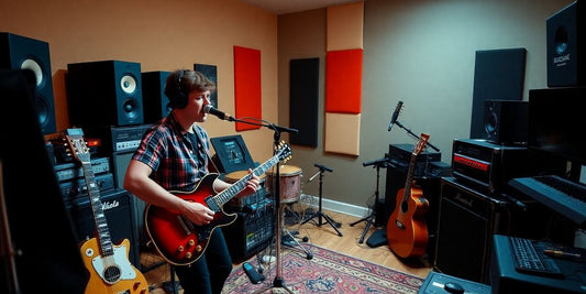 Musician in a studio creating new music track.