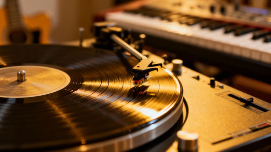 Spinning vinyl record on a turntable, close-up shot.