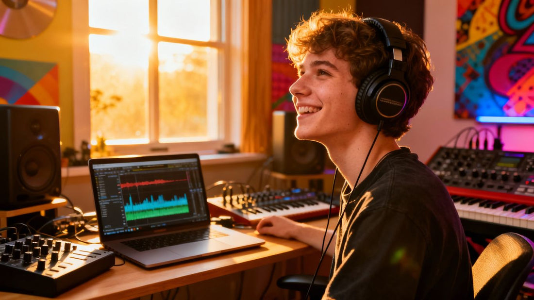Artist in studio with headphones, inspired by music.