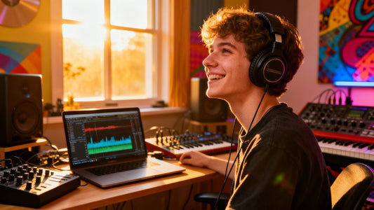 Artist in studio with headphones, inspired by music.