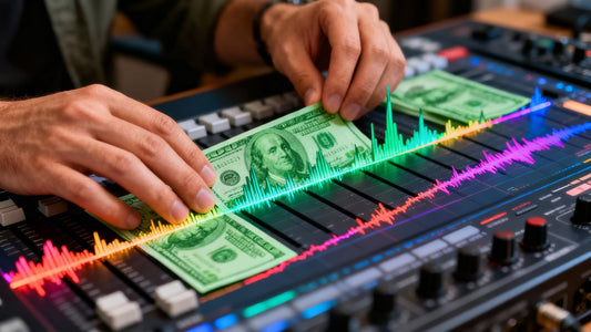 Producer arranging waveforms with money integrated.