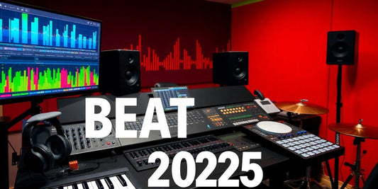 Colorful music studio with instruments and audio equipment.