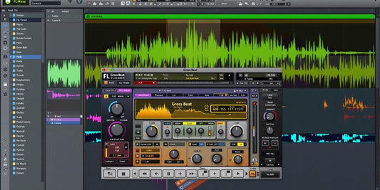 FL Studio Gross Beat plugin interface with vibrant controls.