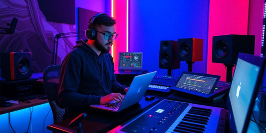 Producer creating trap music in a vibrant studio.