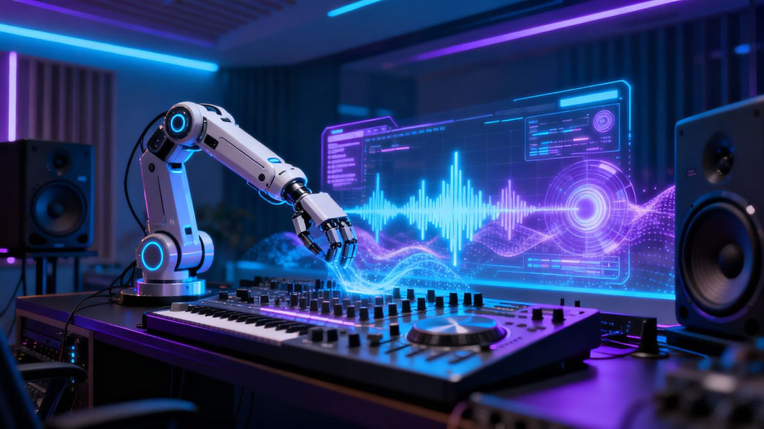 AI creating cinematic soundscapes in a futuristic studio.