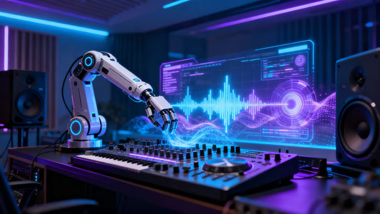 AI creating cinematic soundscapes in a futuristic studio.