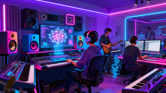 People in futuristic studio creating music with neural networks.