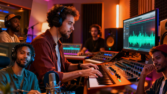 Producers in studios creating music with equipment.
