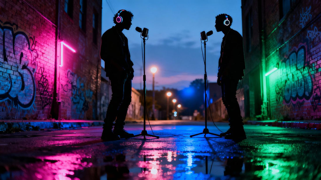 Detroit street at dusk with musicians and microphones.