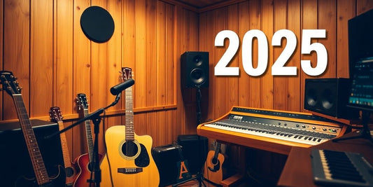 Acoustic instruments in a cozy music studio setting.