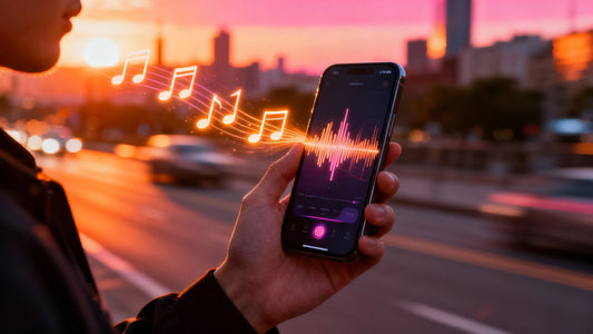 Person using AI music app on phone outdoors.