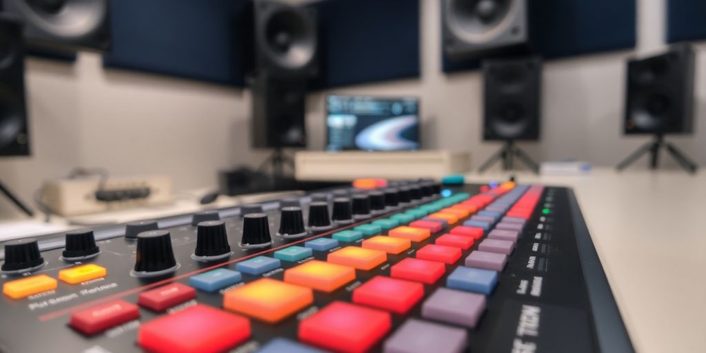 Close-up of a colorful MIDI controller in a studio.