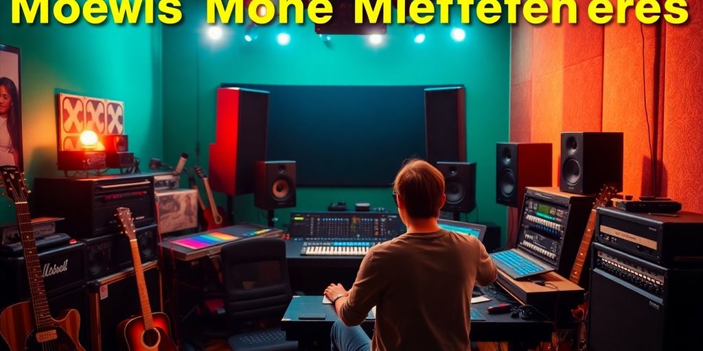 Musician at a mixing console in a vibrant studio.