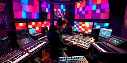 Music producer working in a colorful electronic studio.