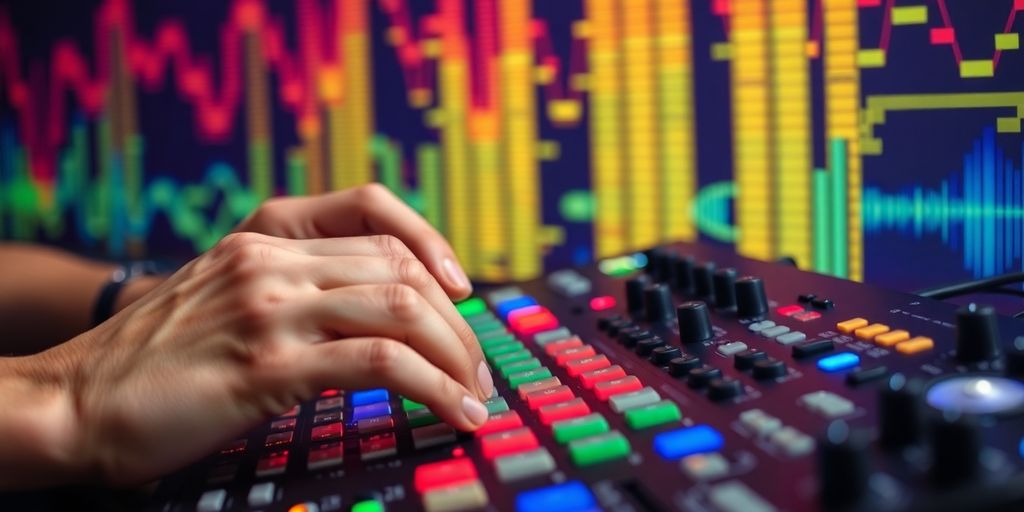 Hands using a sampler with colorful buttons and knobs.