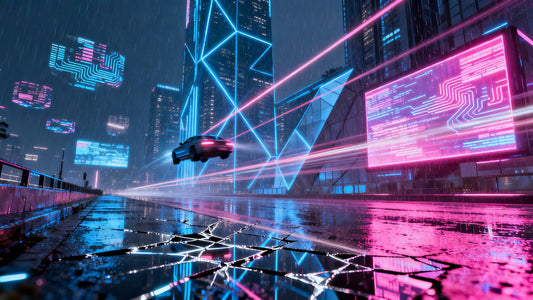 Futuristic trap music scene with neon lights and urban elements.