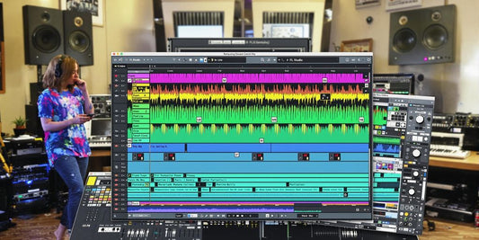 FL Studio interface with vibrant audio samples and clips.