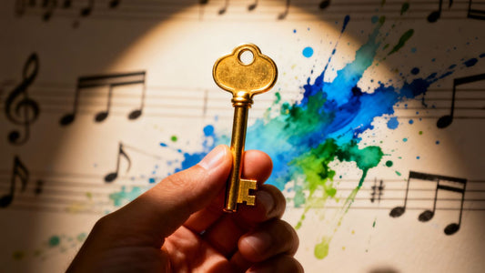 Artist holding a golden key, symbolizing exclusive rights.