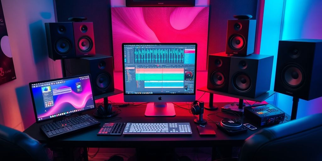 A colorful music production workspace with equipment.