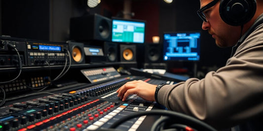 Sound engineer adjusting audio on a mixing console.