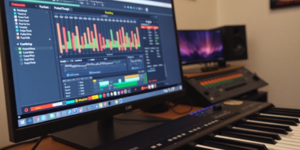 Music producer's workspace with FL Studio and MIDI keyboard.