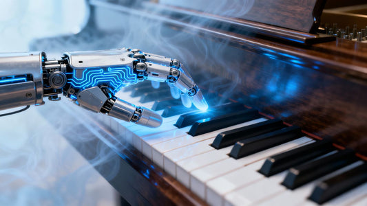 AI touching piano keys with glowing circuits
