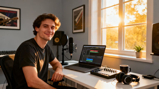 Producer in home studio with laptop and microphone.