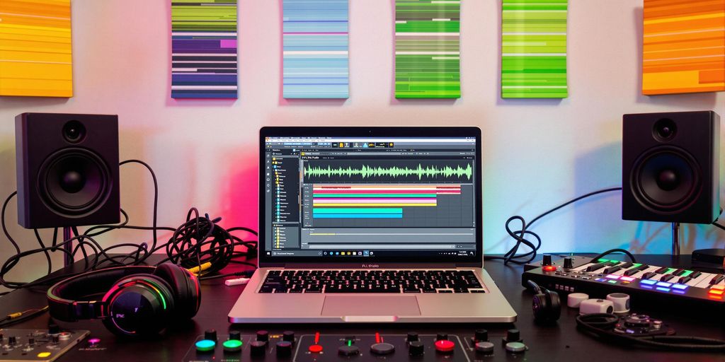 Workspace with laptop, headphones, and MIDI keyboard.