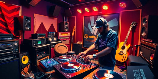 DJ mixing hip hop beats in a colorful studio.
