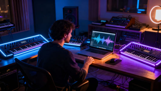 Producer using AI tools in a modern music studio.