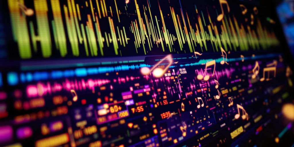 AI music software interface with audio waveforms.