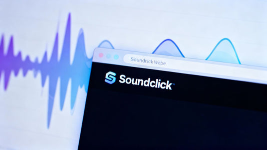 Soundclick website interface with futuristic sound waves.