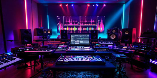 A vibrant music studio setup for EDM production.