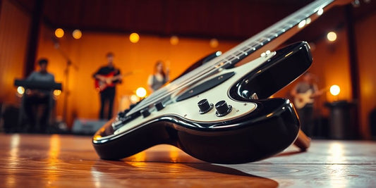 Close-up of a bass guitar on a stage.