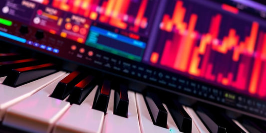 MIDI keyboard with colorful keys and digital background.