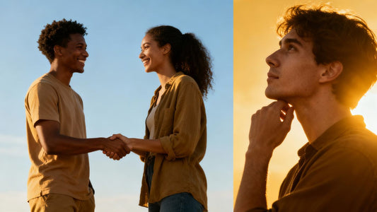Two people shaking hands, one person looking thoughtful.