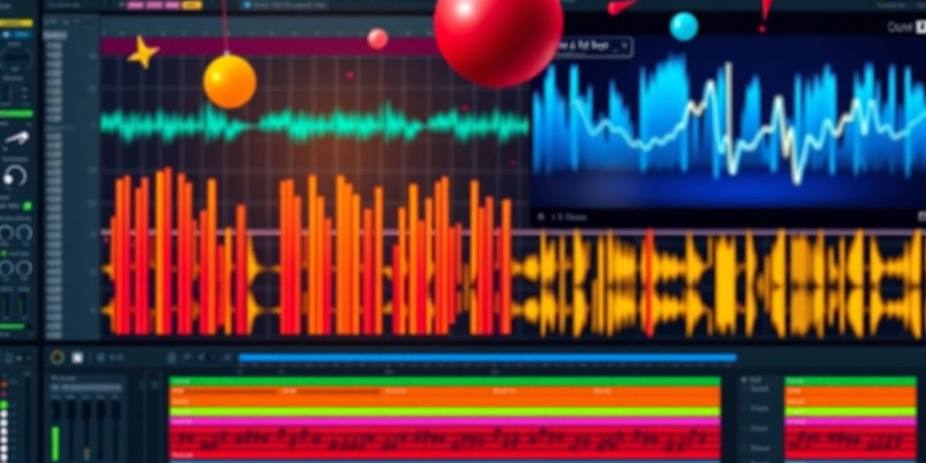 Colorful audio waveforms with a music production interface.